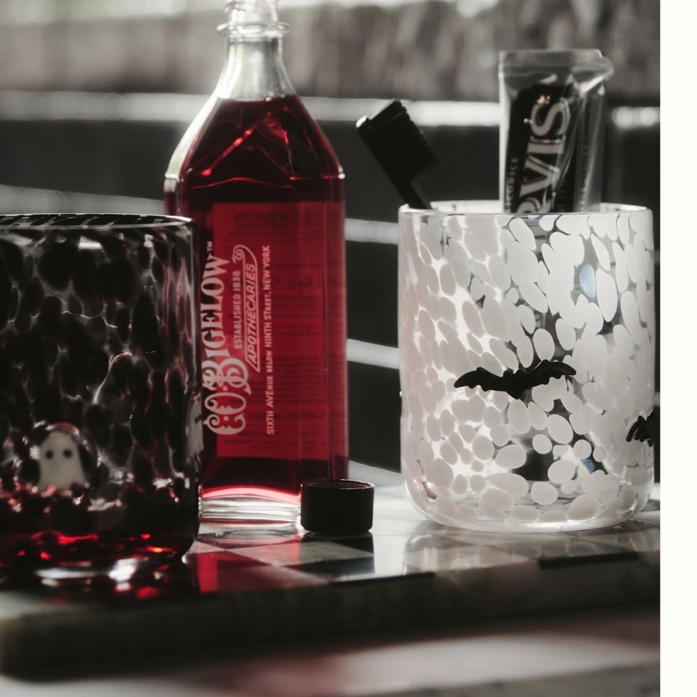 🦇Anthropologie Glass Mystic Icon Juice Tumbler New Bat Black White Halloween